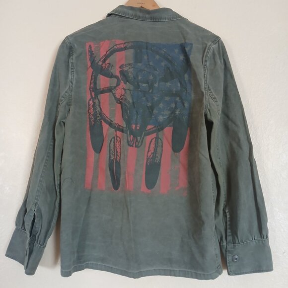 Knot Sisters Denim Army Green Patriotic Native American Jacket Women's Large - Picture 1 of 8